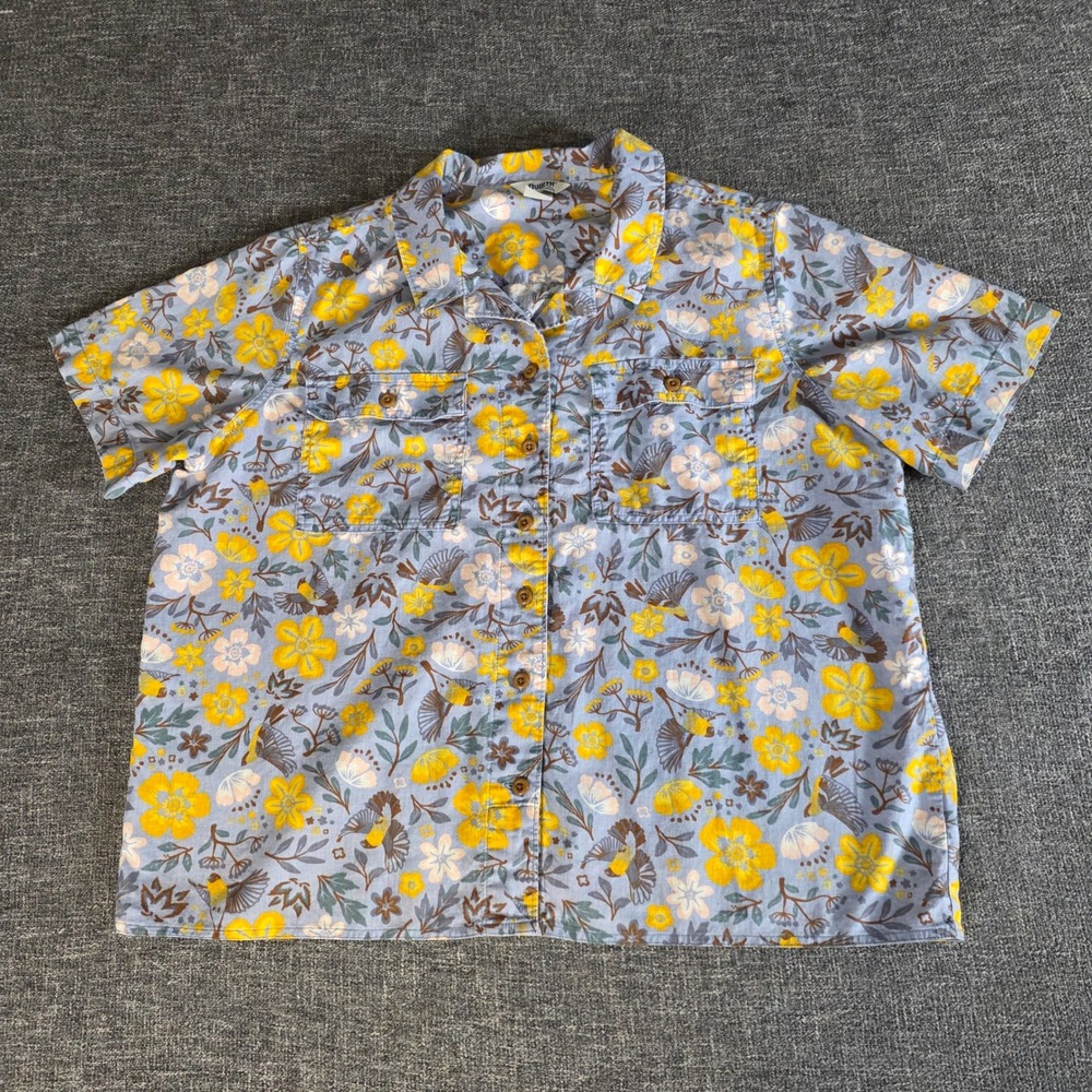 Duluth Trading Women's L Artisan Hemp Camp Shirt Hummingbird Floral Blue